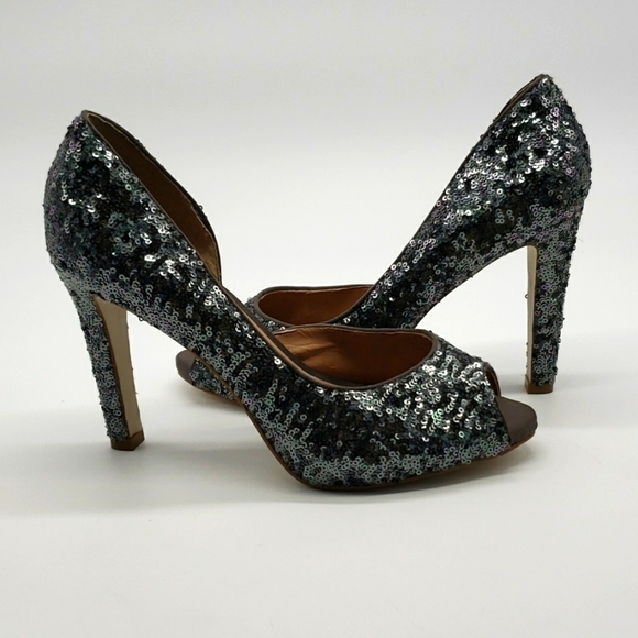 SHOESTOCK women US 10 EU 41 silver pewter heels peep toe sequin open Dorsay side - Picture 1 of 11